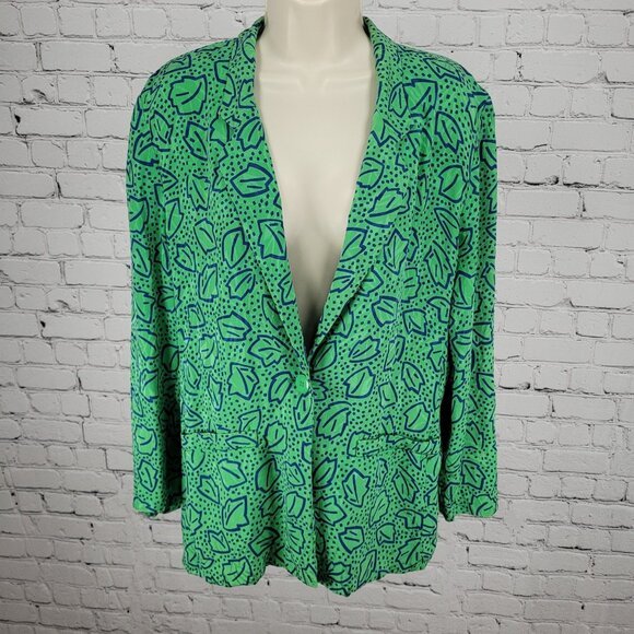 Liz Claiborne Jackets & Blazers - VTG Liz Claiborne Green 100% Silk Leaf Print Unlined Lightweight Jacket Size MP